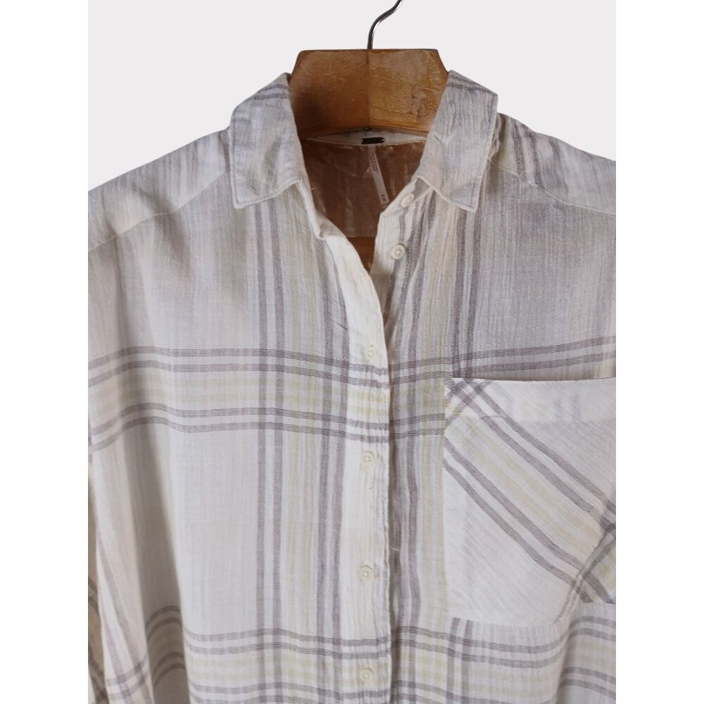 Free People Ivory Cutie Plaid Crop Top M Button Front Dolman Sleeves OB613778 - Picture 9 of 15